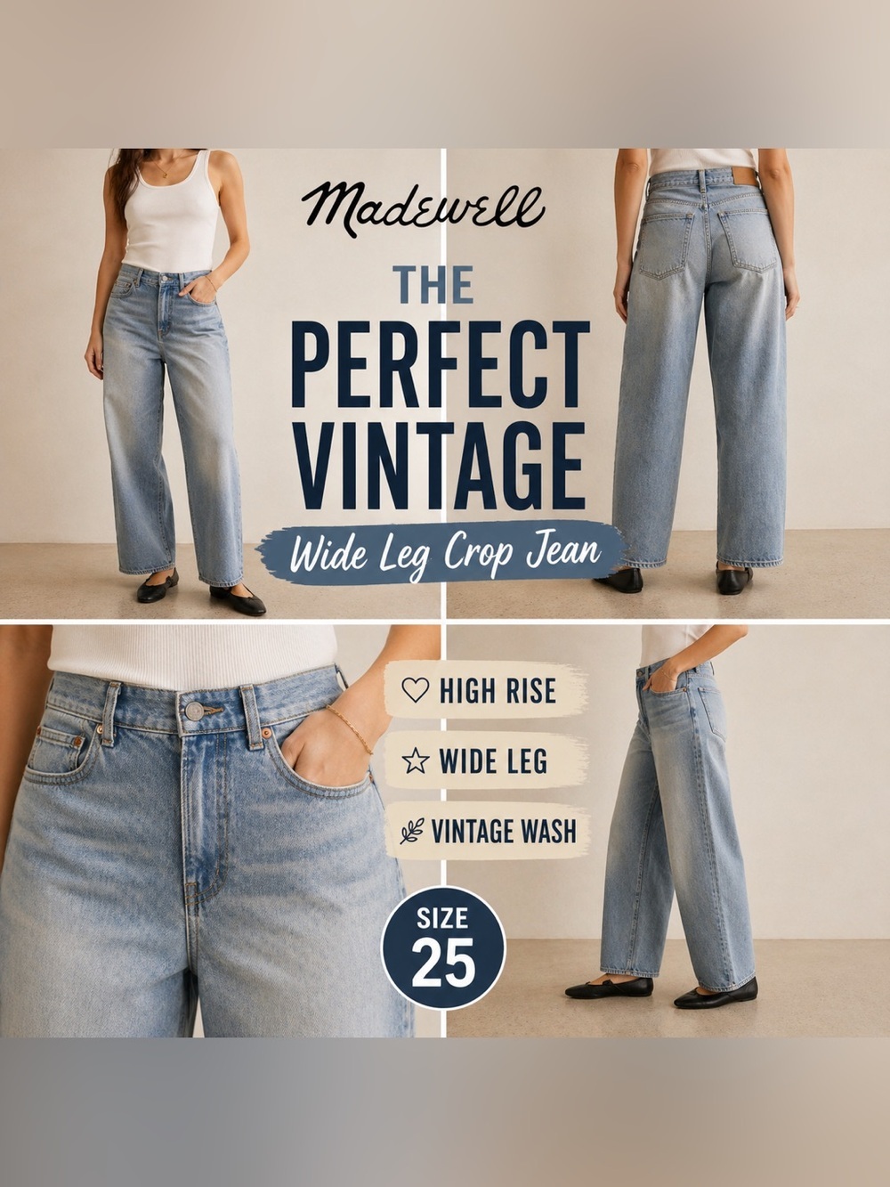 Madewell The Perfect Vintage Wide Leg Crop Jeans Size 25 High Rise Light Wash